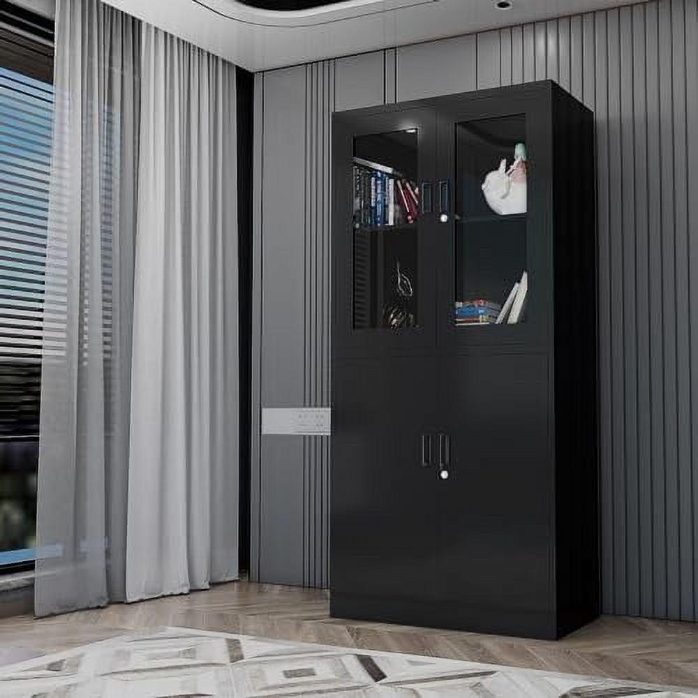 Full Vision Display Cabinet With Tempered Glass & LED Light - 70"L X 18"W X 38"H, Adjustable Shelves, Locking Sliding Doors, For Retail Store, Boutique, Showcase (Black)