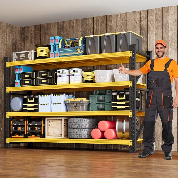 MIIIKO Heavy Duty 4-Tier Adjustable Storage Shelves, 5000LBS Capacity Metal Shelving Unit, 71"W x 24"D x 70"H Steel Rack for Garage Warehouse Basement, Commercial Utility Shelving, Black&Yellow