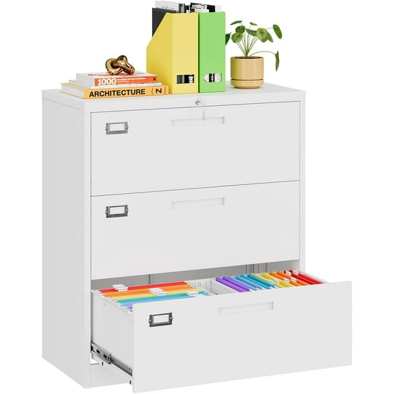 MIIIKO Lateral File Cabinet 3 Drawer, White Metal Filing Cabinet with Lock Lock for Home Office, Large Storage File Organizer for Hanging File Folders,Easy Assemble