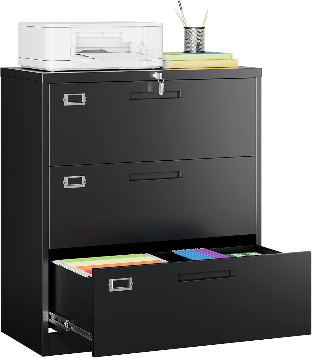 Black Metal 3-Drawer Lockable Lateral Filing Cabinet