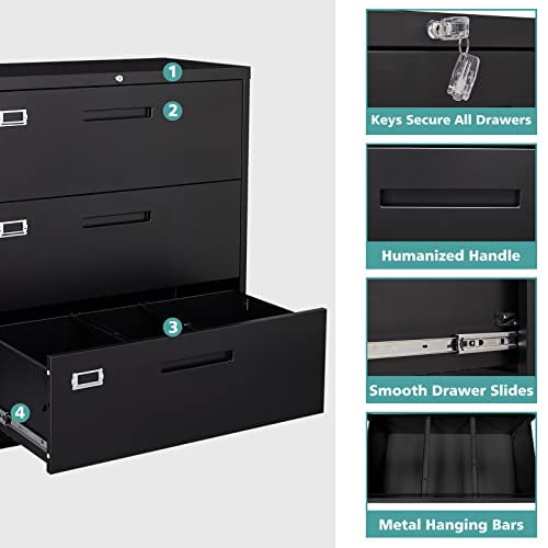 MIIIKO Lateral File with Lock, 3 Drawer Lateral Filing