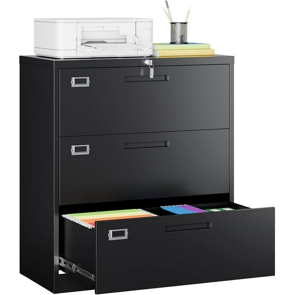 MIIIKO Lateral File Cabinet with Lock, 3 Drawer Lateral Filing Cabinet, Large Deep Drawers Locked by Keys, Metal Storage File Cabinet for Hanging Files Letter/Legal/F4/A4 Size