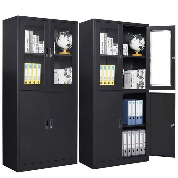 MIIIKO Metal Cabinet with Lock, Tall Office Storage Cabinet with Glass Door, Lockable Black Steel Cabinet with 2 Adjustable Shelves for Home, Clinic, Pantry, Basement
