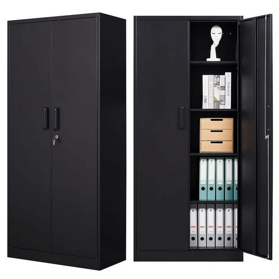 MIIIKO Metal Storage Cabinet 71" Locking Metal Storage Cabinet with 5 Adjustable Shelves, Black Metal Cabinet with 2 Doors and Lock for Office, Garage, Home