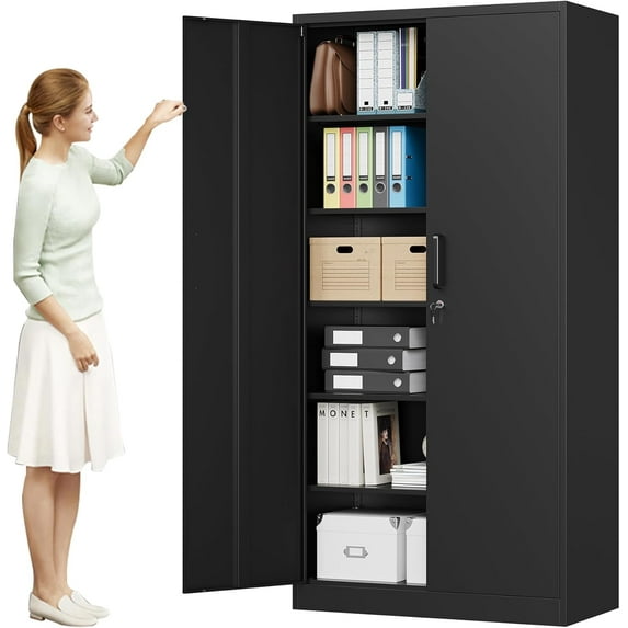 MIIIKO Metal Storage Cabinet with Locking Doors, Black 72" Garage Lockable Steel Cabinets with 4 Doors and 5 Shelves for Home, Garage, Pantry Workshop Warehouse