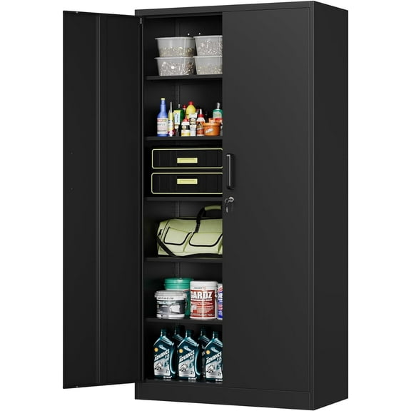 MIIIKO Metal Storage Cabinet with Locking Doors, Black Garage Lockable Steel Cabinets with 4 Doors and 5 Shelves for Home, Garage, Pantry Workshop Warehouse