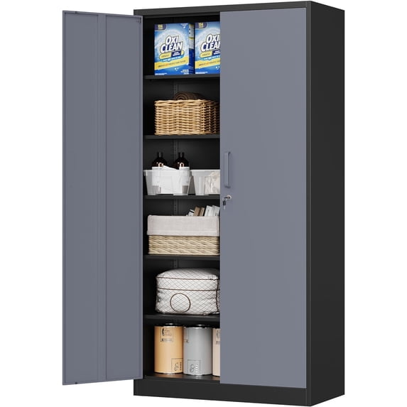 MIIIKO Metal Storage Cabinet with Locking Doors, Black Grey Garage Lockable Steel Cabinets with 4 Doors and 5 Shelves for Home, Garage, Pantry Workshop Warehouse