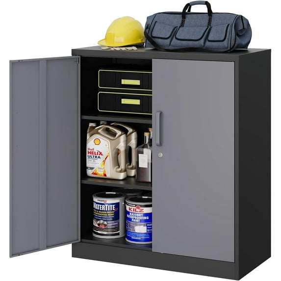 MIIIKO Metal Storage Cabinet with Locking Doors, Black Grey Lockable Steel Cabinets with 2 Doors and 2 Shelves for Home, Garage, Pantry Workshop Warehouse
