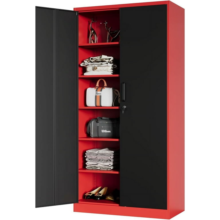 MIIIKO Metal Storage Cabinet with Locking Doors, Black Red