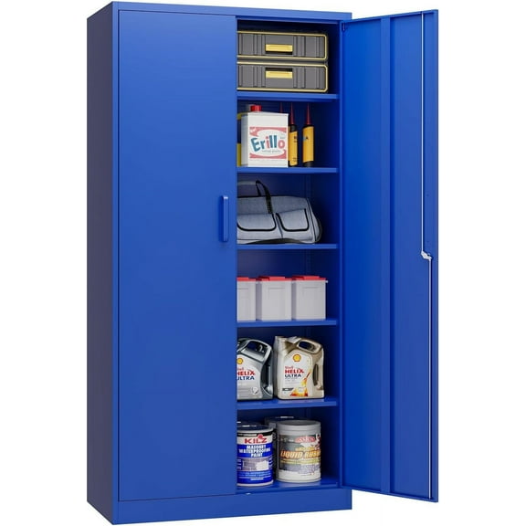MIIIKO Metal Storage Cabinet with Locking Doors, Blue Garage Lockable Steel Cabinets with 4 Doors and 5 Shelves for Home, Garage, Pantry Workshop Warehouse