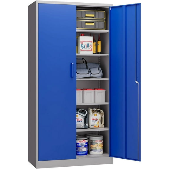 MIIIKO Metal Storage Cabinet with Locking Doors, Blue Grey Garage Lockable Steel Cabinets with 4 Doors and 5 Shelves for Home, Garage, Pantry Workshop Warehouse