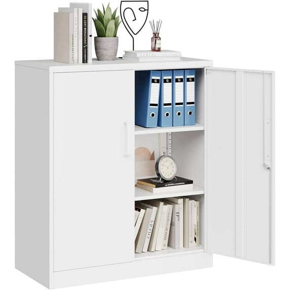 MIIIKO Metal Storage Cabinet with Locking Doors, White Garage Lockable Steel Cabinets with 2 Doors and 2 Shelves for Home, Garage, Pantry Workshop Warehouse