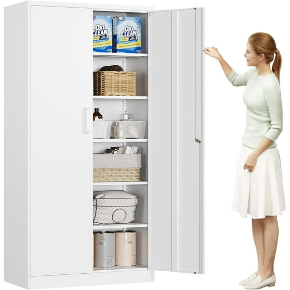 MIIIKO Metal Storage Cabinet with Locking Doors, White Garage Lockable Steel Cabinets with 4 Doors and 5 Shelves for Home, Garage, Pantry Workshop Warehouse