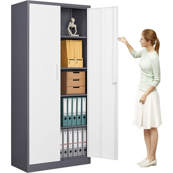 MIIIKO Metal Storage Cabinet with Locking Doors, White Grey Garage Lockable Steel Cabinets with 4 Doors and 5 Shelves for Home, Garage, Pantry Workshop Warehouse