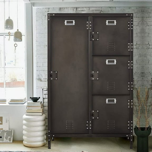 MIIIKO Steel Wardrobe Cabinet Locker, 55.1" H x 17.9" D x 29.5" W Rustic Metal Storage Cabinet with Lockable Doors and Hanging Rod, Industrial Rivet Style, for Living Room, Bedroom, Garage and Club