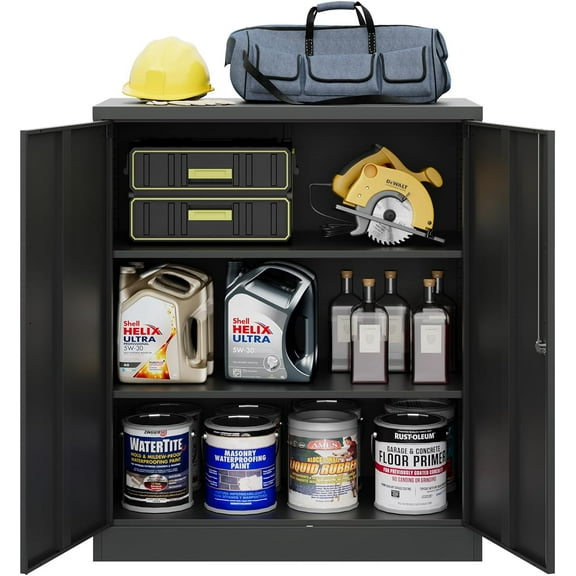 MIIIKO Tall Steel Storage Cabinet with 5 Shelves, Lockable Black Metal Tool Cabinet for Garage and Office, Locking 2 Door Storage with Keys