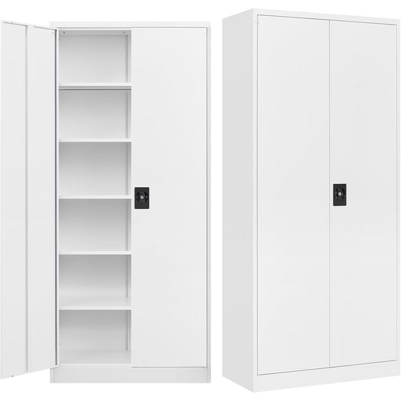 MIIIKO Tall Steel Storage Cabinet with 5 Shelves, Lockable White Metal Tool Cabinet for Garage and Office, Locking 2 Door Storage with Keys