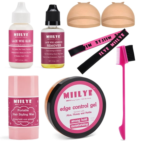 MIILYE Lace Wig Glue and Hair Styling Wax Gel Combo Pack Wig Install Kits, Wig Glue Kit for Lace Front, Wig Glue and Remover, Edge Control Gel 3.5oz, Hair Wax Stick, Wig Band, Wig Caps and Edge Brush