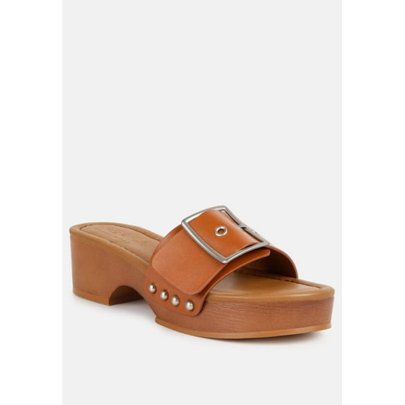 MIINDY Buckle Strap Leather Slip Ons in Tan