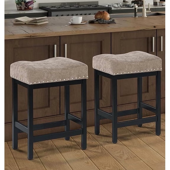 MIITODAY Bar Stools Set of 2, 25" Counter Height Bar Stool with Metal Frame, Fabric Upholstered Saddle Barstools for Kitchen Island, Taupe