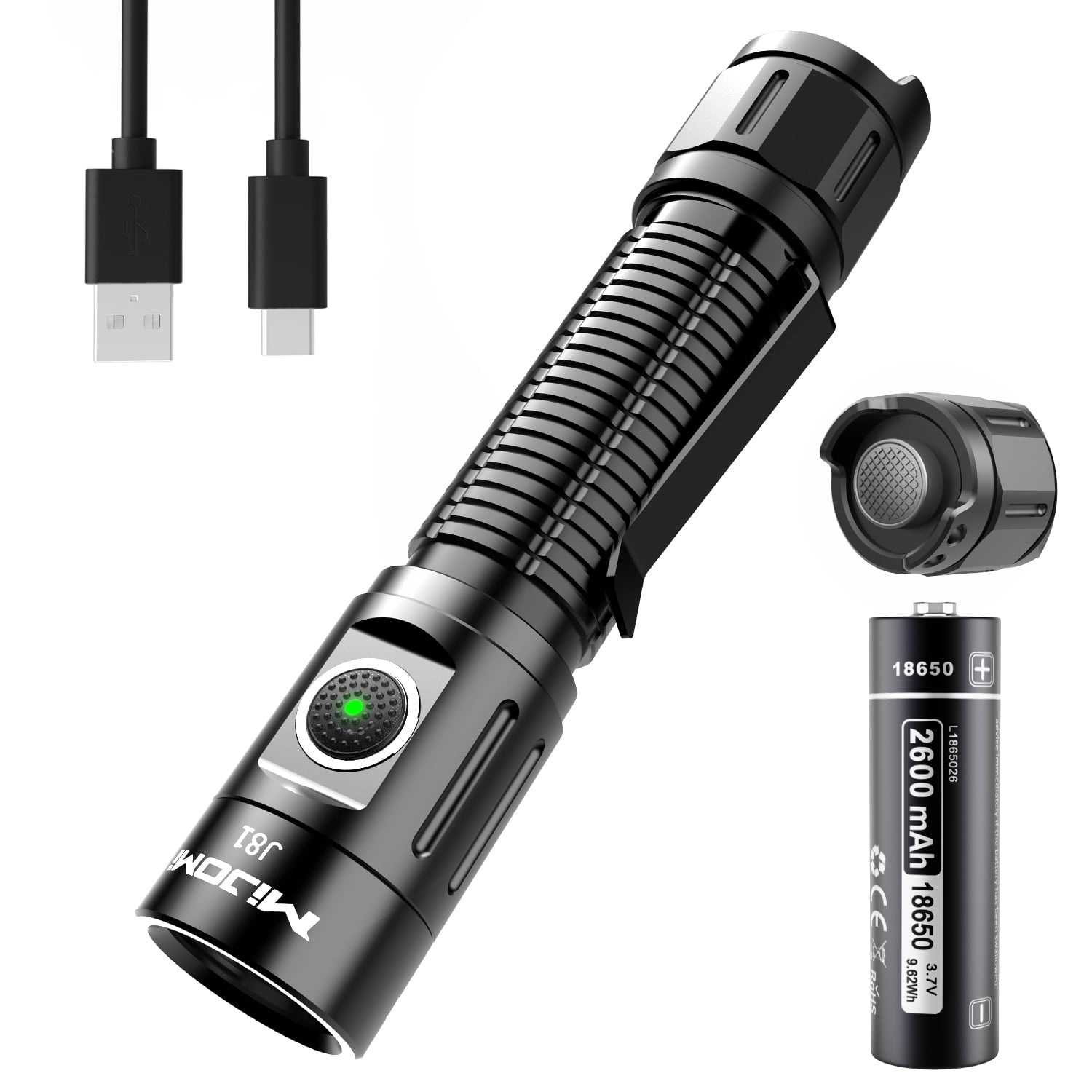 MIJOMI J81 Tactical Flashlight 1300 Lumen Compact Torch Dual Switch USB ...