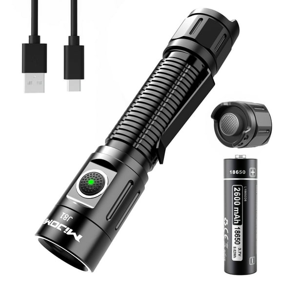 MIJOMI J81 Tactical Flashlight 1300 Lumen Compact Torch Dual Switch USB Rechargeable, Waterproof IP68 for Tactical Games, Camping,Outdoor