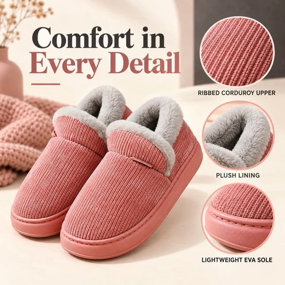 MIKDENO Corduroy Slippers with Faux Fur Lining, Warm Cozy Clog House Shoes, Slip-On Indoor Outdoor Winter Slippers