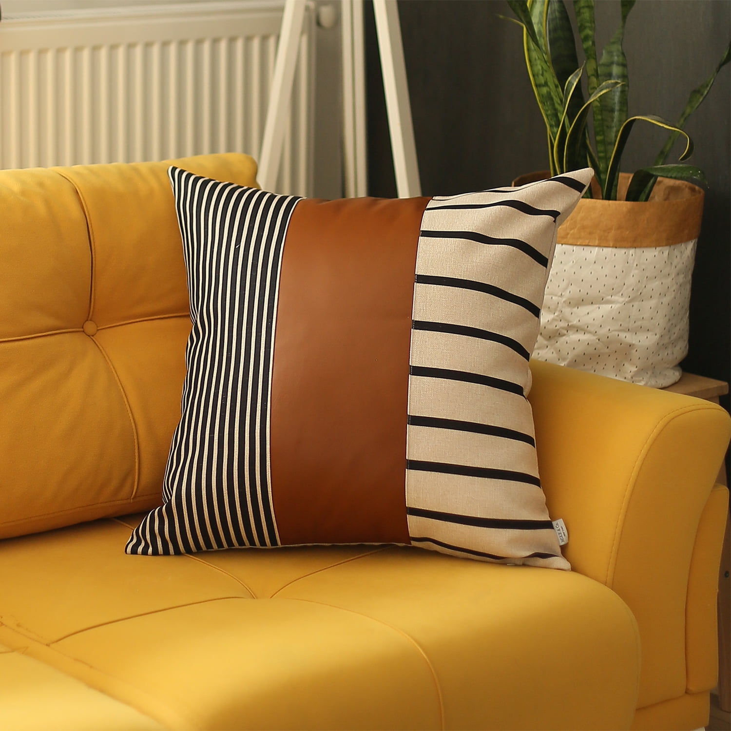 Brown and Ivory Faux Leather Striped 24" Square Pillow Cover