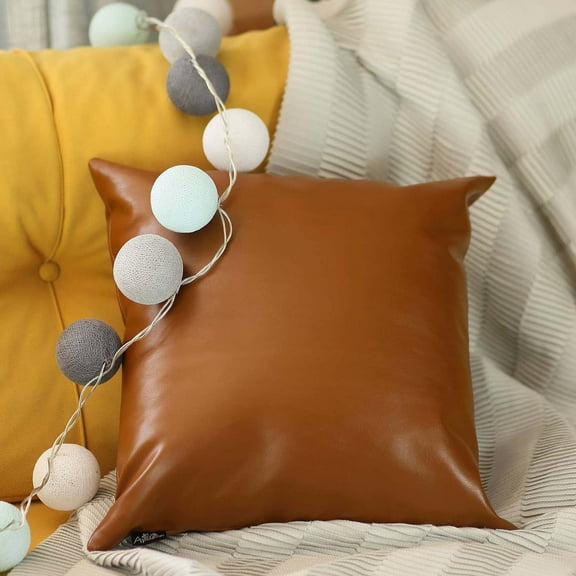 Bohemian Handmade Decorative Single Throw Pillow Vegan Faux Leather Solid 17" x 17" Brown Square for Couch, Bedding