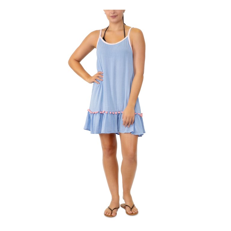 MIKEN SWIM Women's Blue Pull Over Pom Pom Trim Adjustable Ruffled Scoop  Neck Swimsuit Cover Up S