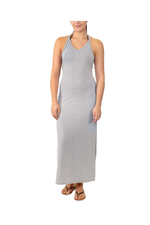 SWIM Women's Gray Racerback Maxi Slit Dress Adjustable Deep V Neck Swimsuit Cover Up S
