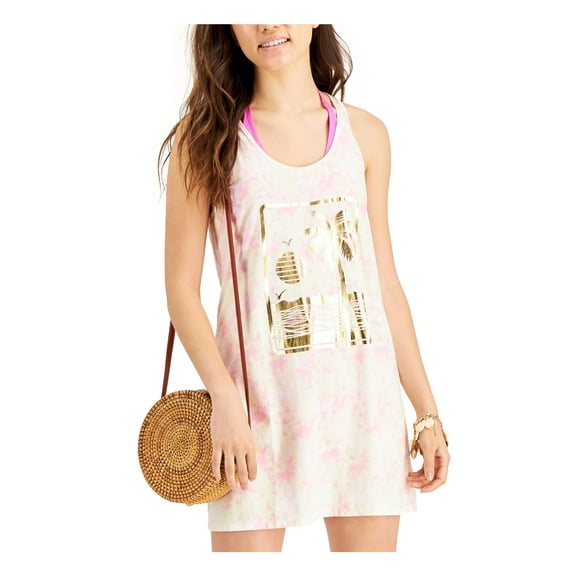 MIKEN SWIM Women's Pink Tie Dye Lace-Up Back Metallic Scoop Neck Swimsuit Cover Up XS