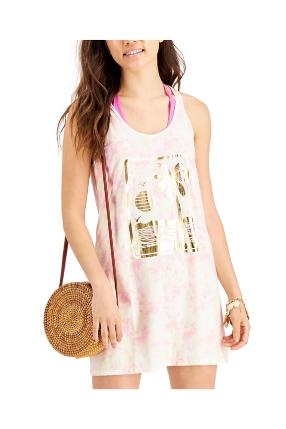 SWIM Women's Pink Tie Dye Lace-Up Back Metallic Scoop Neck Swimsuit Cover Up XS