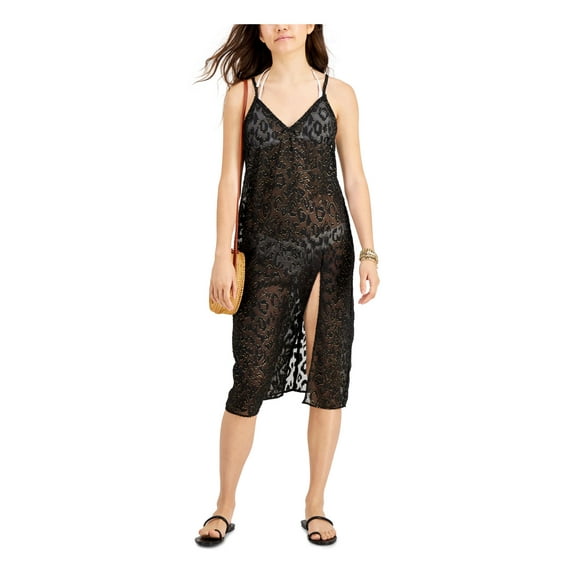 MIKEN Women's Black Animal Print Textured Slit Dress Deep V Neck Metallic Swimsuit Cover Up M