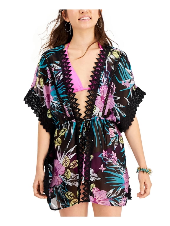 Women's Black Floral Lace-Inset Tie-Front Kimono Deep V Neck Swimsuit Cover Up M