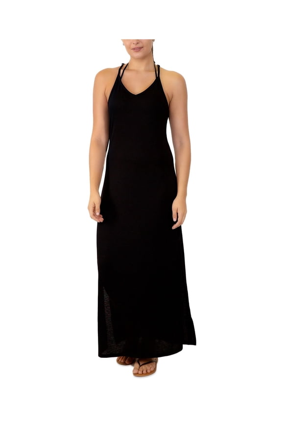 Women's Black Racerback Maxi Slit Dress Adjustable Deep V Neck Swimsuit Cover Up L