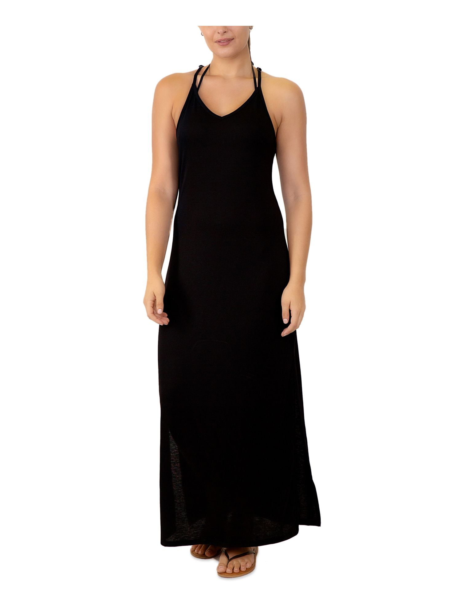 MIKEN Women's Black Racerback Maxi Slit Dress Adjustable Deep V Neck ...