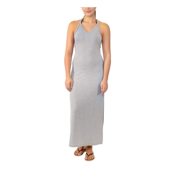 MIKEN Women's Gray Racerback Maxi Slit Dress Adjustable Deep V Neck Swimsuit Cover Up XS