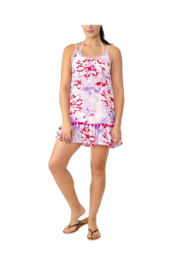 Women's Purple Printed Pom-Pom Accents Scoop Neckline Adjustable Ruffled Swimsuit Cover Up XL