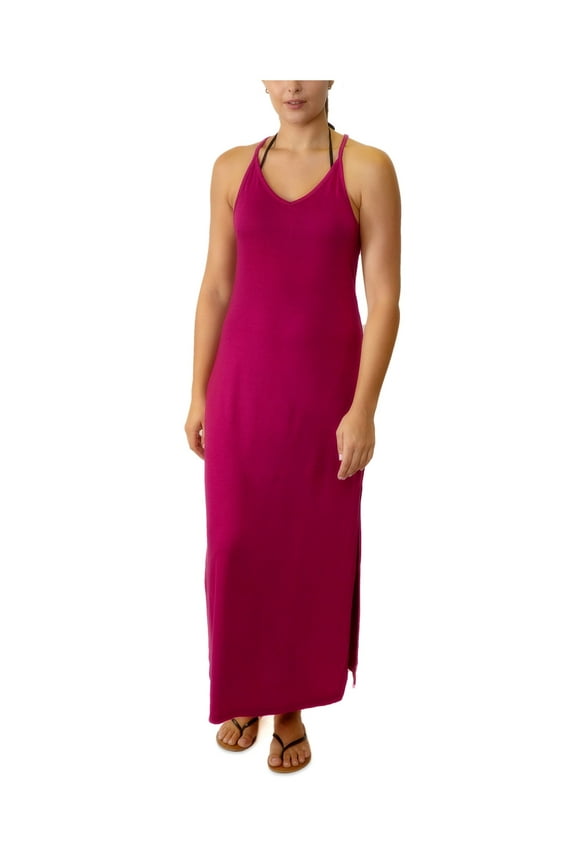 Women's Purple Stretch Racerback Maxi Slit Adjustable Deep V Neck Swimsuit Cover Up M