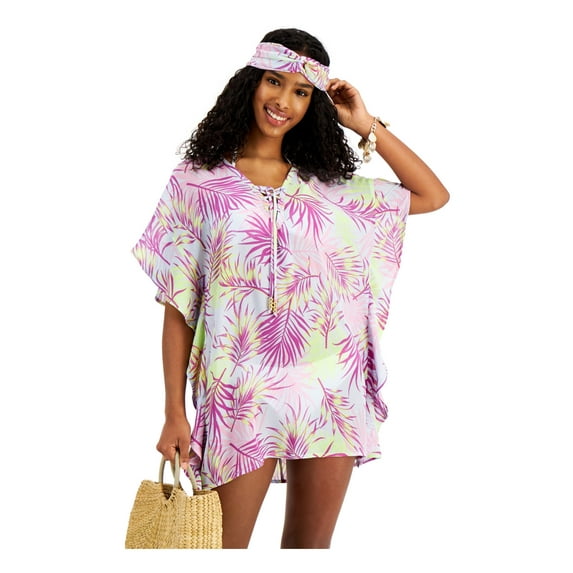 MIKEN Women's Purple Tropical Print Flutter Sleeves Deep V Neck Tie Swimsuit Cover Up XS