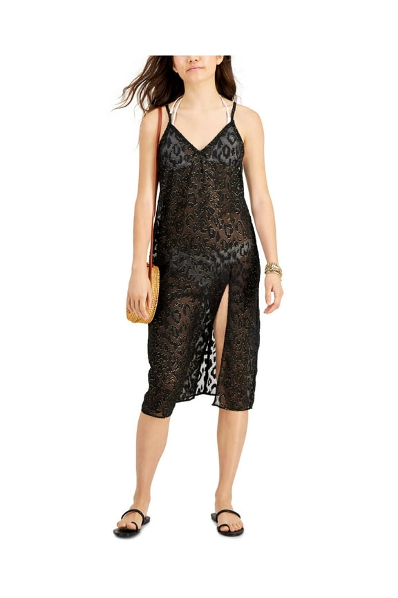 Women's Textured Slit Dress Deep V Neck Metallic Swimsuit Cover Up L New with box/tags