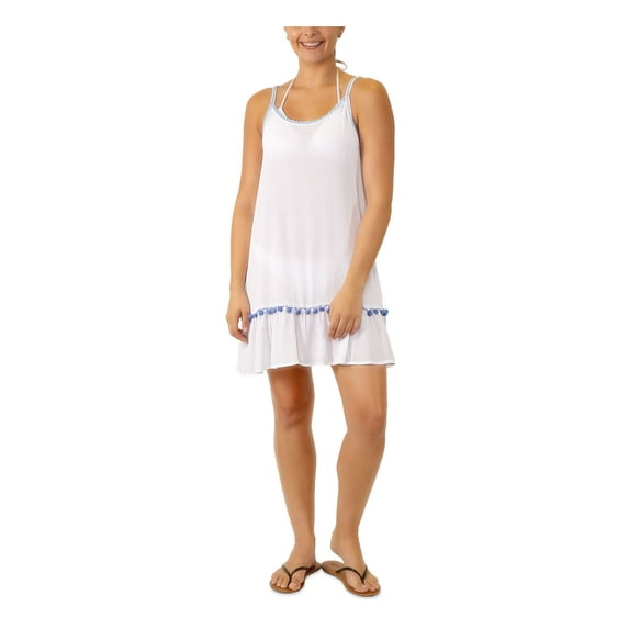 MIKEN Women's White Pull Over Pom Pom Trim Adjustable Ruffled Scoop Neck Swimsuit Cover Up XL