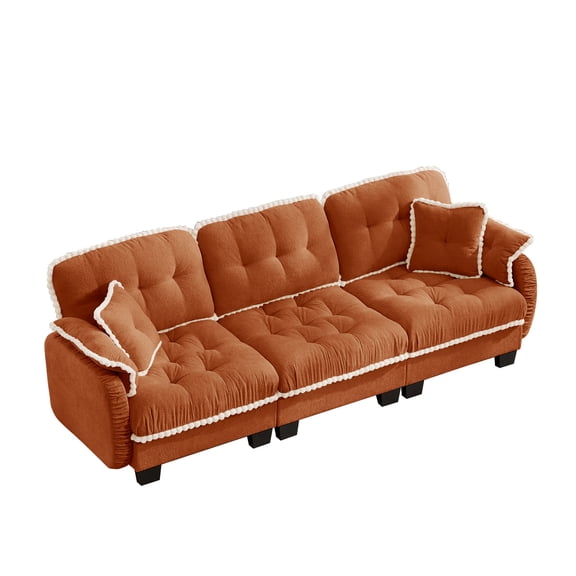 MIKIBAMA 100.7" Orange Chenille Modular Sectional Sofa , 3 Seat Quilted Tufted Deep Seat Upholstered Sofa with Pom‑Pom Trim for Living Room
