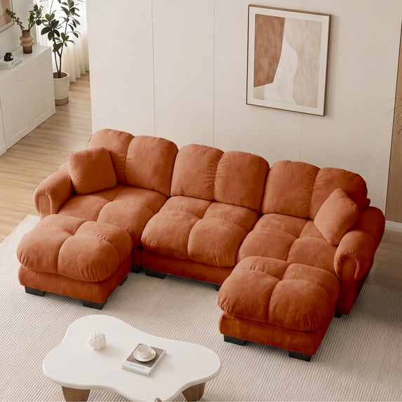 MIKIBAMA 103.9" Modular Sectional Sofa, U-Shaped 3-Seat Cloud Sofa with Movable Ottoman for Living Room, Orange