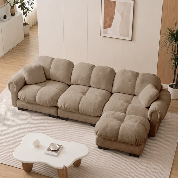 MIKIBAMA 103.9'' Modular Sectional Sofa with Movable Ottoman, L Shaped Cloud Couch for Living Room, 3-Seat, Brown