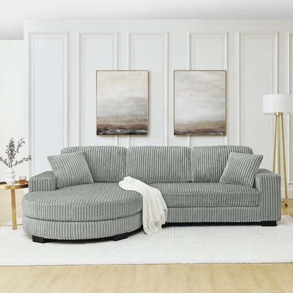 MIKIBAMA 110 Inch 3 Seat Gray Corduroy Tufted Sectional Sleeper Sofa Spacious Movable Arc Footstool for Living Room