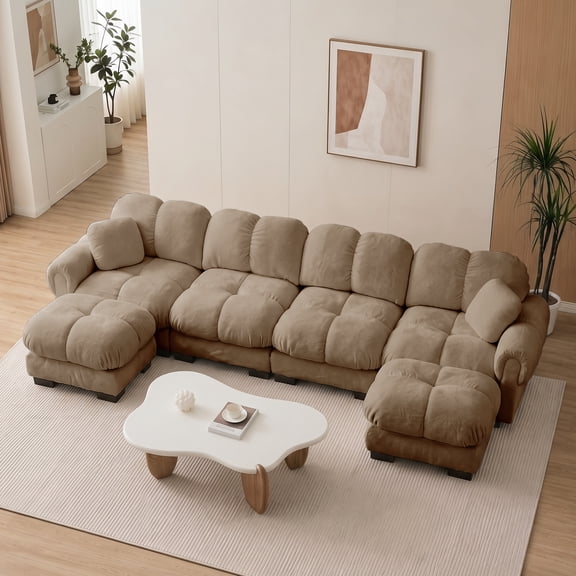 MIKIBAMA 131.5" Modular Sectional Sofa, U-Shaped 4-Seat Cloud Sofa with Movable Ottoman for Living Room, Brown