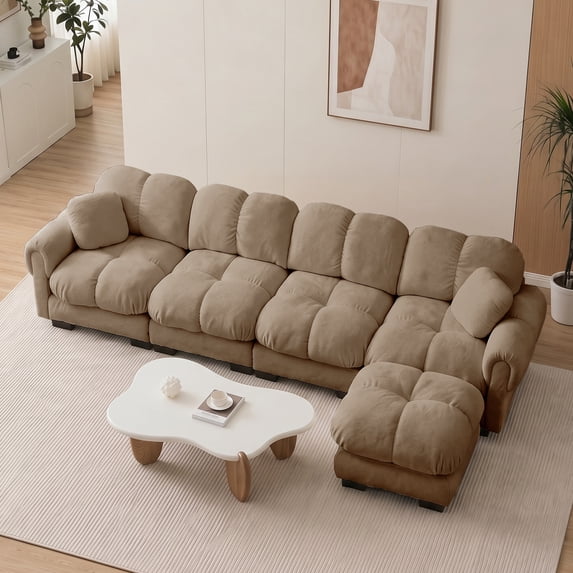 MIKIBAMA 131.5" Modular Sectional Sofa with Movable Ottoman, L Shaped Cloud Couch for Living Room, 4-Seat, Brown