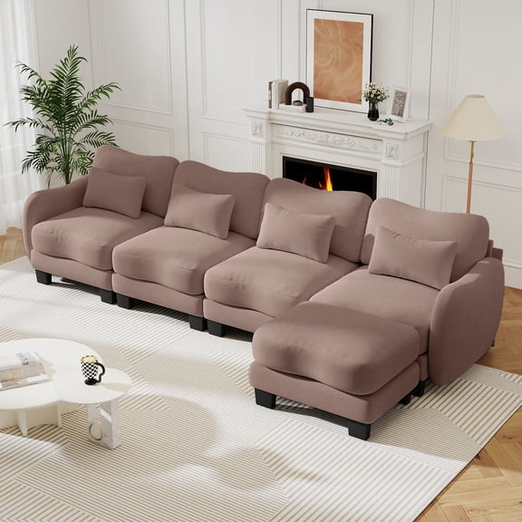 MIKIBAMA 131 Inch Rose Dust L Shaped 4 Seat Chenille Modular Sectional Sofa Cloud Design Deep Seat With Movable Ottoman for Living Room